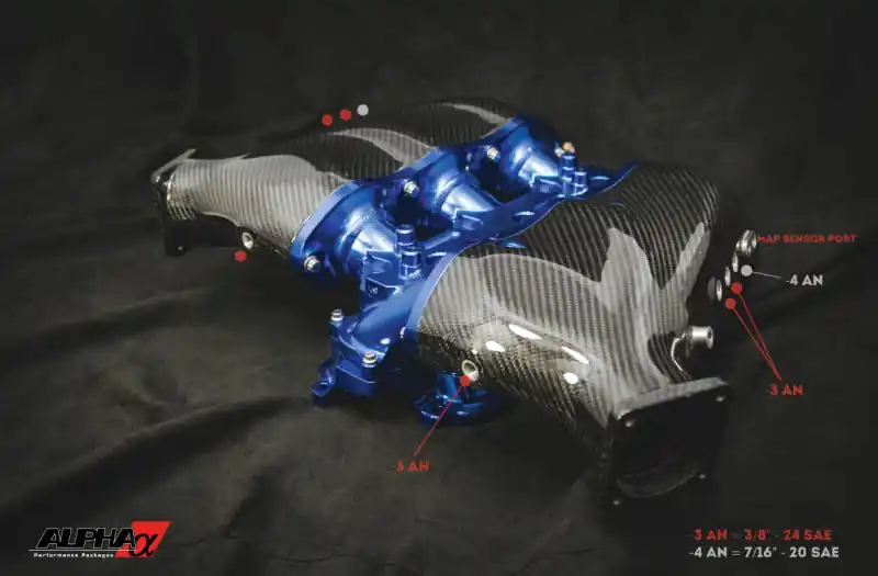 Authentic AMS Performance Nissan GT-R Alpha Carbon Fiber/Billet Intake Manifold w/Secondary Fuel Rail - Blue