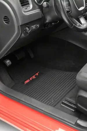 Bargain Factory Floorpan Fit Custom Vintage Scene Front and Rear Floor Mats with Red SRT Insert; Black