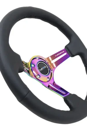 Genuine NRG Reinforced Steering Wheel (350mm / 3in. Deep) Blk Leather/Blk Stitch w/Neochrome Slits