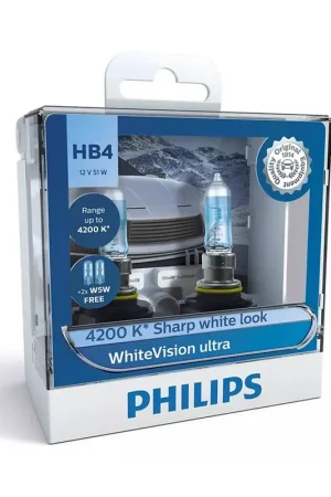 Trusted Brand Philips 9006WVUSM WhiteVision Ultra 12V HB4 51W 4200K Headlight Globes with 2x W5W Park Globes (Twin Pack)
