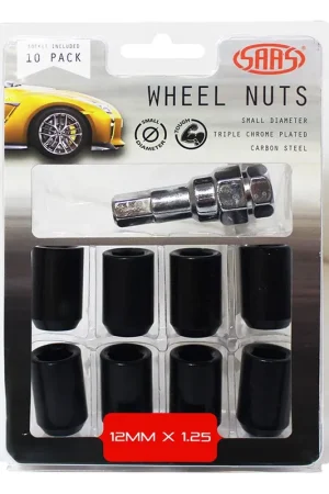 SAAS Set of 10 Small Diameter Wheel Nuts - Black, M12x1.25 Threads with Internal Hex Drive and Key - 8330510BC Deal