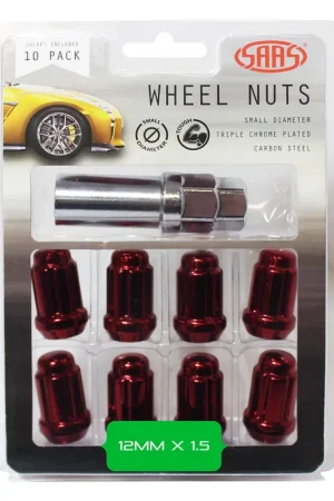 SAAS Set of 10 Small Diameter 6 Spline Wheel Nuts with Key - 35mm Length, Red, M12x1.50 Thread, Taper Seat Type - 6330610R Same Day Shipping