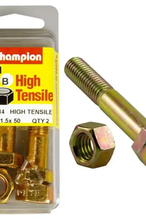 Champion Pack of 2 (2x Zinc Plated Hex Bolts, 2x Nuts) M12 x 50 x 1.5mm High Tensile Grade 8.8 - BM144 Price Drop