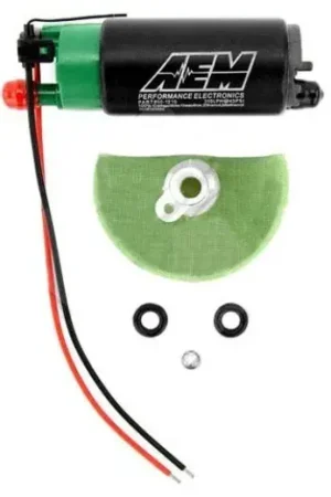 AEM 340lph E85-Compatible High Flow In-Tank Fuel Pump - 65mm Short w/Hooks, Offset Inlet, Inline Same Day Shipping